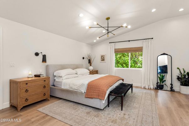 Bedroom, Interior, Pendant Lights, Recessed Lighting, Wood Texture Flooring