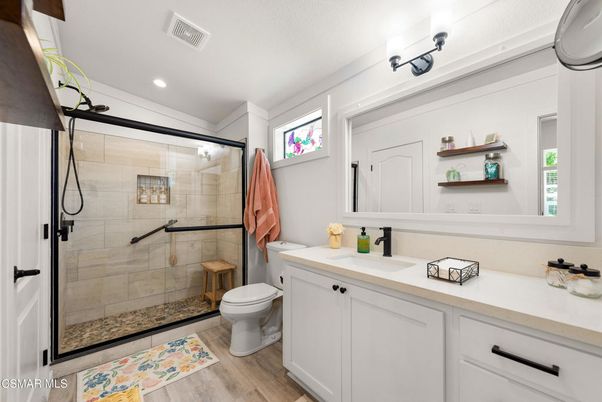 Bathroom, Glass Shower, Interior, Recessed Lighting, Wood Texture Flooring