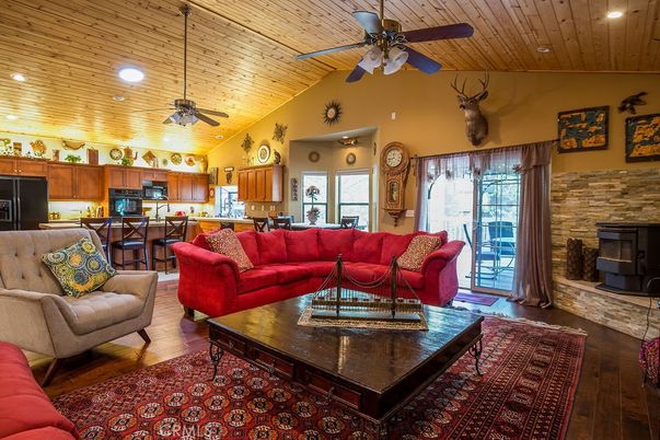 Fireplace, Interior, Kitchen, Living room, Pendant Lights, Recessed Lighting, Stone Walls, Wooden Ceilings, Wood Texture Flooring
