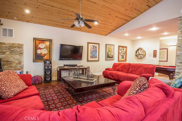 Interior, Living room, Recessed Lighting, Stone Walls, Wooden Ceilings