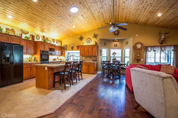 Dining room, Interior, Kitchen, Living room, Recessed Lighting, Wooden Ceilings, Wood Texture Flooring