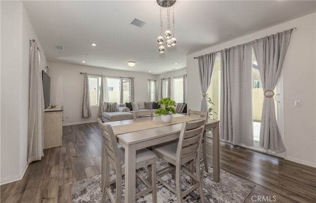 Dining room, Interior, Pendant Lights, Recessed Lighting, Wood Texture Flooring