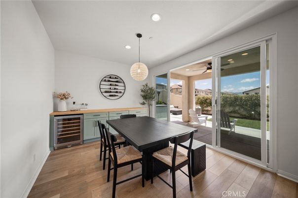 Dining room, Interior, Pendant Lights, Recessed Lighting, Wood Texture Flooring