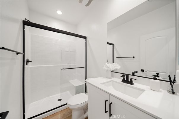 Bathroom, Glass Shower, Interior, Recessed Lighting, Wood Texture Flooring