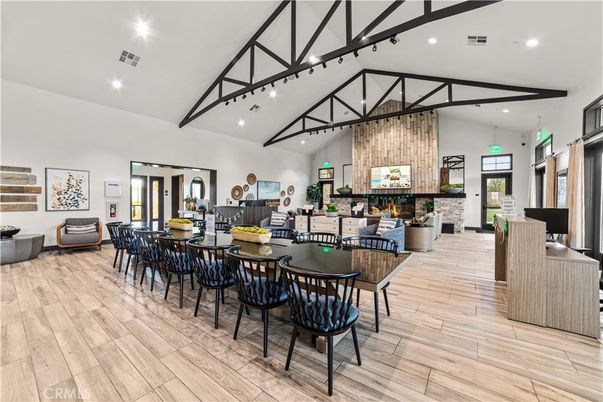 Dining room, Fireplace, Interior, Recessed Lighting, Wood Texture Flooring, Wooden Walls