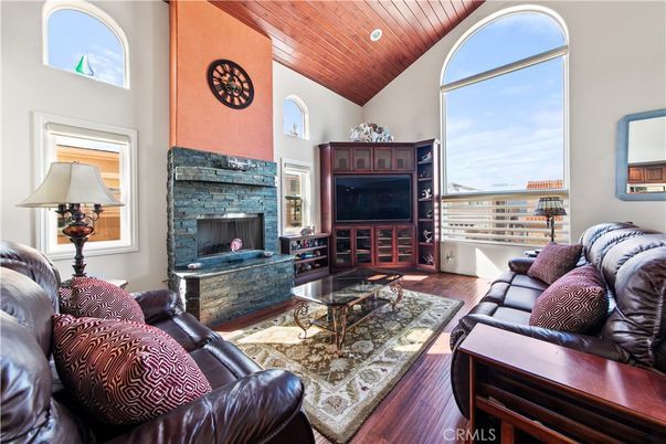 Fireplace, Interior, Living room, Recessed Lighting, Wooden Ceilings, Wood Texture Flooring