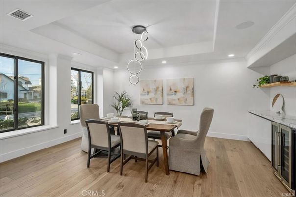 Dining room, Interior, Pendant Lights, Recessed Lighting, Wood Texture Flooring