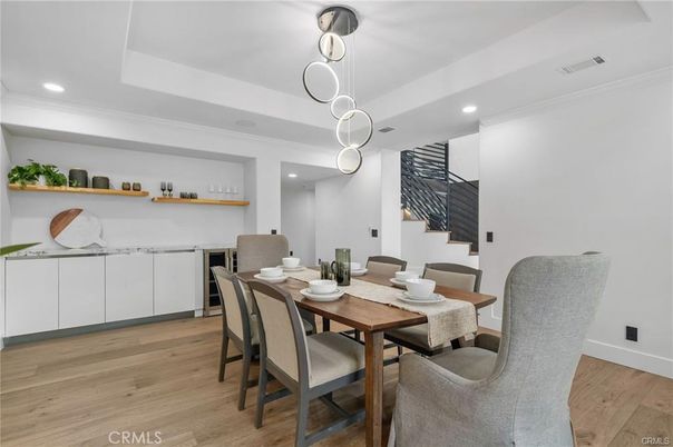 Dining room, Interior, Pendant Lights, Recessed Lighting, Wood Texture Flooring