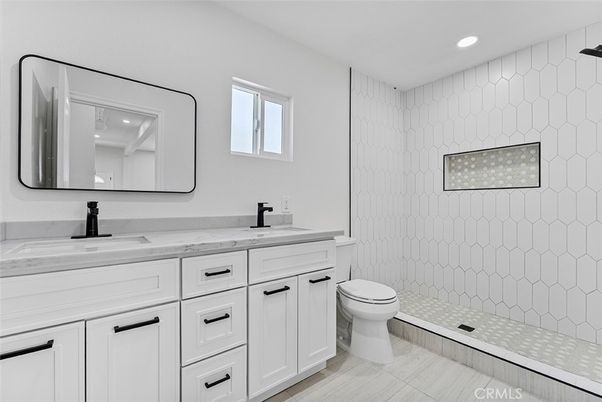 Bathroom, Dual Sink Vanities, Interior, Recessed Lighting, Wood Texture Flooring