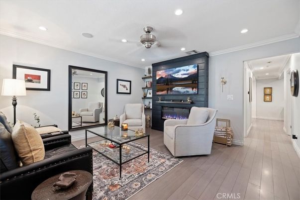 Fireplace, Interior, Living room, Recessed Lighting, Wood Texture Flooring