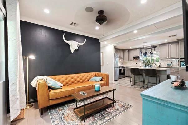 Interior, Kitchen, Living room, Recessed Lighting, Stainless Steel Appliances, Wood Texture Flooring
