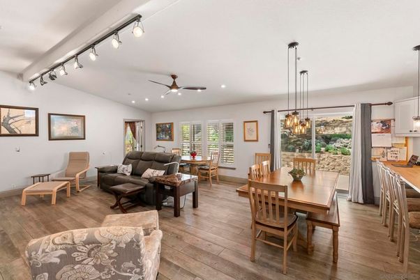 Dining room, Interior, Living room, Pendant Lights, Recessed Lighting, Wood Texture Flooring