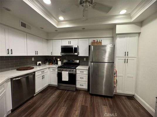 Interior, Kitchen, Recessed Lighting, Stainless Steel Appliances, Wood Texture Flooring