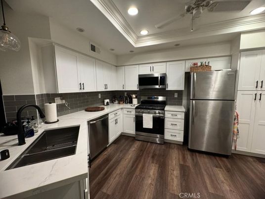 Interior, Kitchen, Recessed Lighting, Stainless Steel Appliances, Wood Texture Flooring