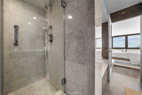 Bathroom, Glass Shower, Interior, Marble Walls, Recessed Lighting, Water