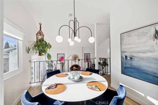 Dining room, Fireplace, Interior, Pendant Lights, Wood Texture Flooring