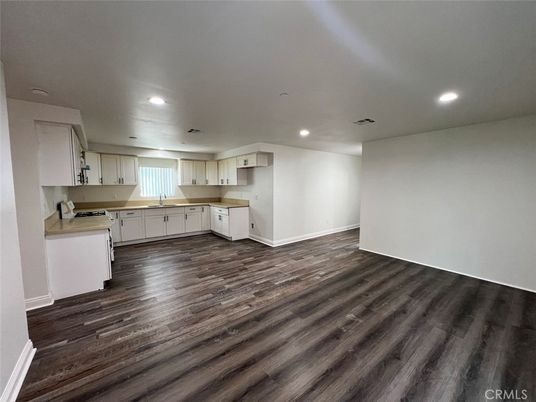 Empty room, Interior, Kitchen, Recessed Lighting, Wood Texture Flooring