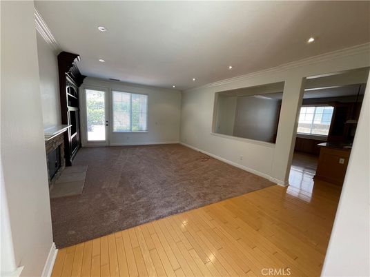 Empty room, Fireplace, Interior, Recessed Lighting, Wood Texture Flooring