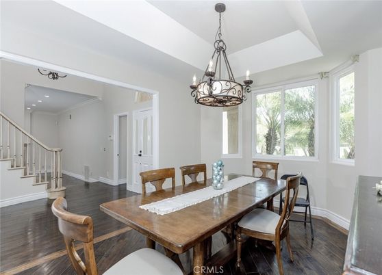 Chandelier, Dining room, Interior, Wood Texture Flooring