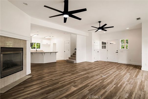 Fireplace, Interior, Kitchen, Recessed Lighting, Wood Texture Flooring