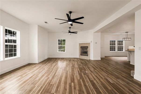 Empty room, Fireplace, Interior, Pendant Lights, Wood Texture Flooring