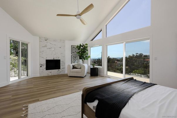 Bedroom, Fireplace, Interior, Marble Walls, Wood Texture Flooring