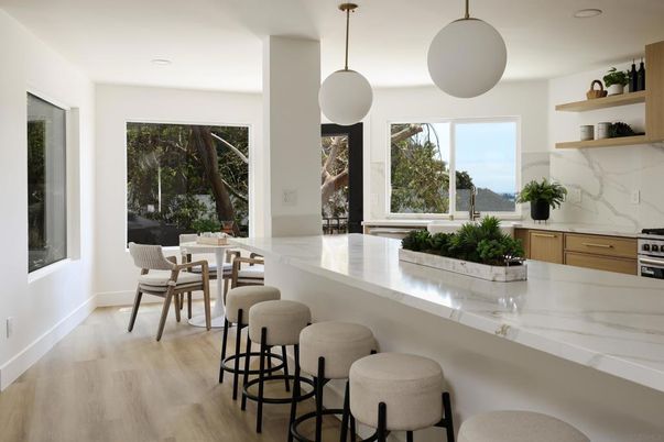 Dining room, Interior, Kitchen, Marble Walls, Pendant Lights, Recessed Lighting, Wood Texture Flooring