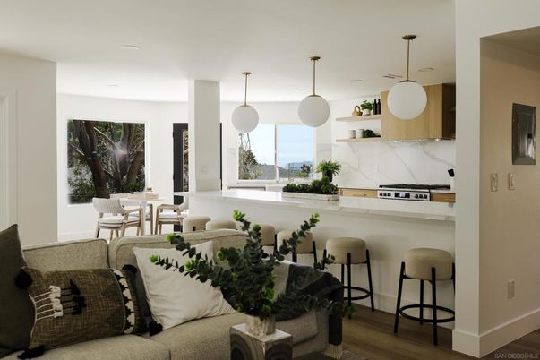 Dining room, Interior, Kitchen, Marble Walls, Pendant Lights, Recessed Lighting, Stainless Steel Appliances, Wood Texture Flooring