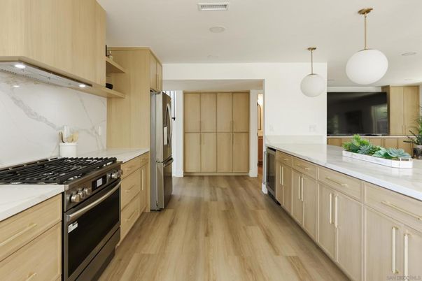 Interior, Kitchen, Marble Walls, Pendant Lights, Stainless Steel Appliances, Wood Texture Flooring