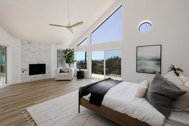 Bedroom, Fireplace, Interior, Wood Texture Flooring