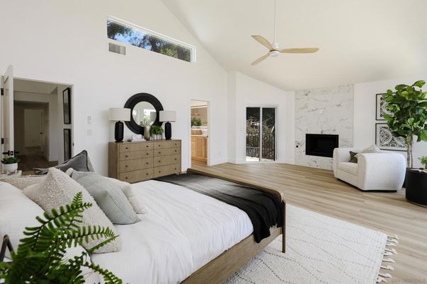 Bedroom, Fireplace, Interior, Wood Texture Flooring