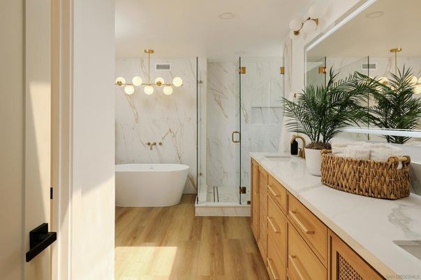 Bathroom, Dual Sink Vanities, Free Standing Baths, Interior, Marble Walls, Wood Texture Flooring