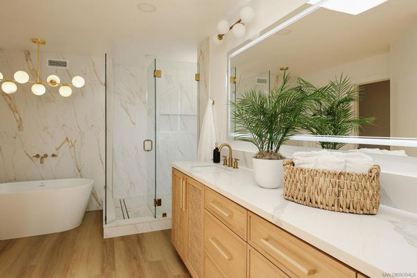 Bathroom, Free Standing Baths, Glass Shower, Interior, Marble Walls, Wood Texture Flooring