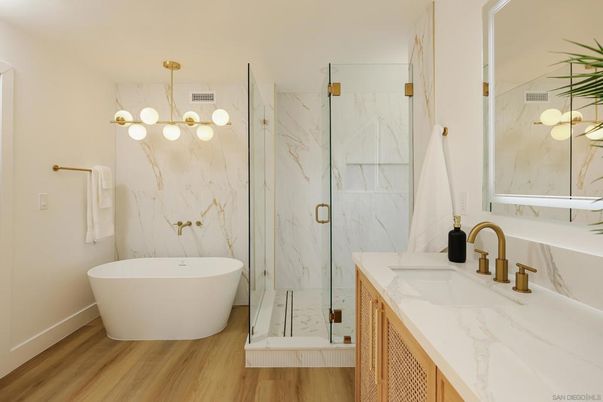 Bathroom, Dual Sink Vanities, Free Standing Baths, Glass Shower, Interior, Marble Walls, Wood Texture Flooring