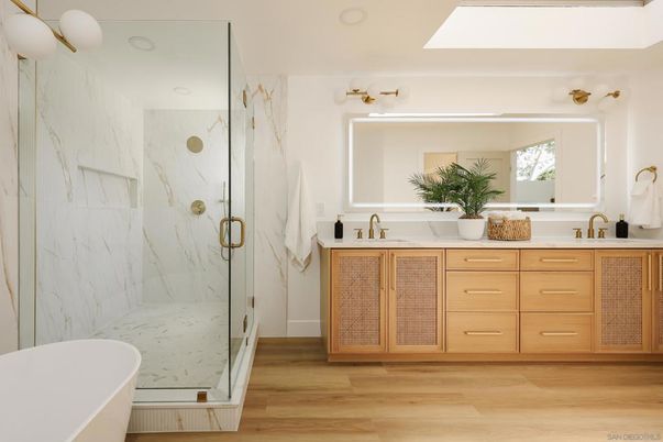 Bathroom, Dual Sink Vanities, Free Standing Baths, Glass Shower, Interior, Marble Walls, Wood Texture Flooring