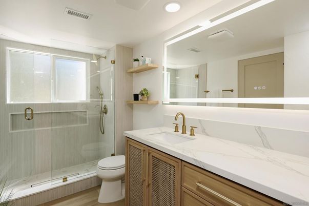 Bathroom, Glass Shower, Interior, Recessed Lighting, Wood Texture Flooring