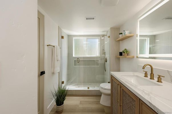Bathroom, Glass Shower, Interior, Wood Texture Flooring