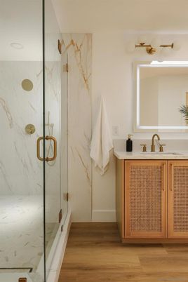Bathroom, Glass Shower, Interior, Marble Walls, Wood Texture Flooring