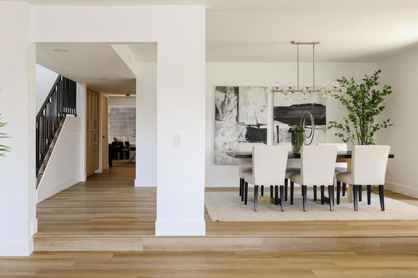 Dining room, Interior, Pendant Lights, Wood Texture Flooring