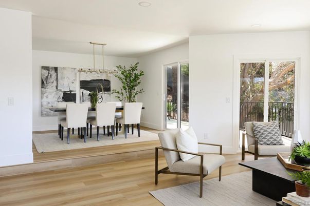 Dining room, Interior, Pendant Lights, Recessed Lighting, Wood Texture Flooring