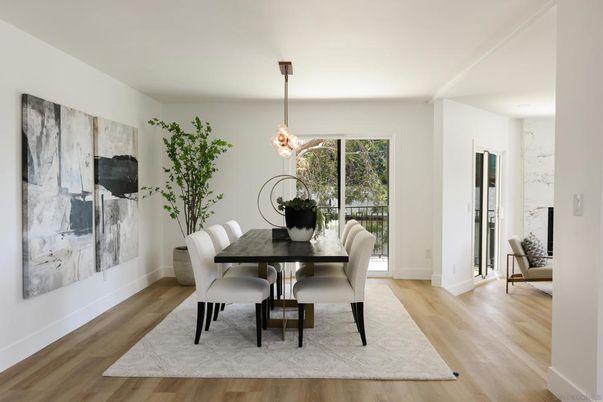 Dining room, Interior, Pendant Lights, Wood Texture Flooring
