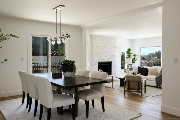 Dining room, Fireplace, Interior, Living room, Pendant Lights, Recessed Lighting, Wood Texture Flooring
