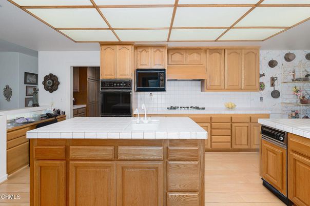 Interior, Kitchen, Tile Countertops, Wood Texture Flooring