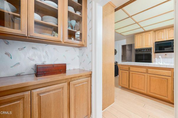 Interior, Kitchen, Tile Countertops, Wood Texture Flooring
