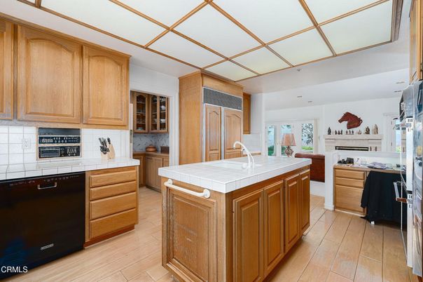 Interior, Kitchen, Tile Countertops, Wood Texture Flooring