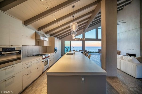 Interior, Kitchen, Pendant Lights, Stainless Steel Appliances, Water, Wooden Beams, Wooden Ceilings, Wood Texture Flooring