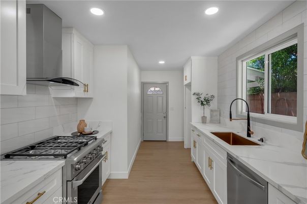 Interior, Kitchen, Recessed Lighting, Stainless Steel Appliances, Wood Texture Flooring