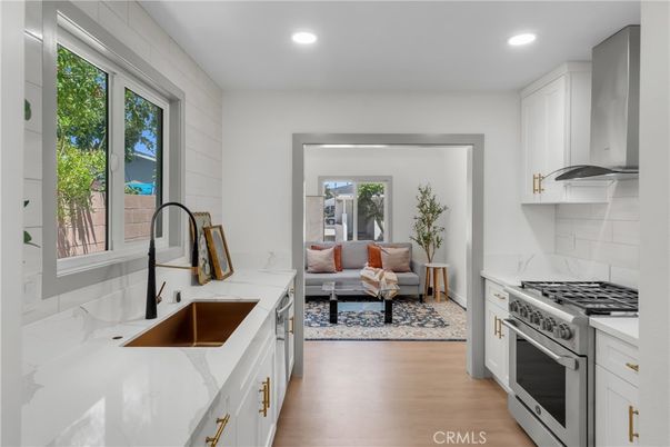 Interior, Kitchen, Living room, Recessed Lighting, Stainless Steel Appliances, Wood Texture Flooring