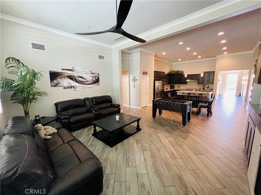 Dining room, Interior, Kitchen, Living room, Pendant Lights, Recessed Lighting, Stainless Steel Appliances, Wood Texture Flooring