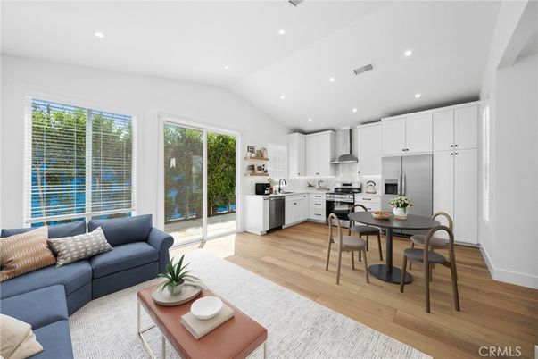 Dining room, Interior, Kitchen, Living room, Recessed Lighting, Stainless Steel Appliances, Wood Texture Flooring
